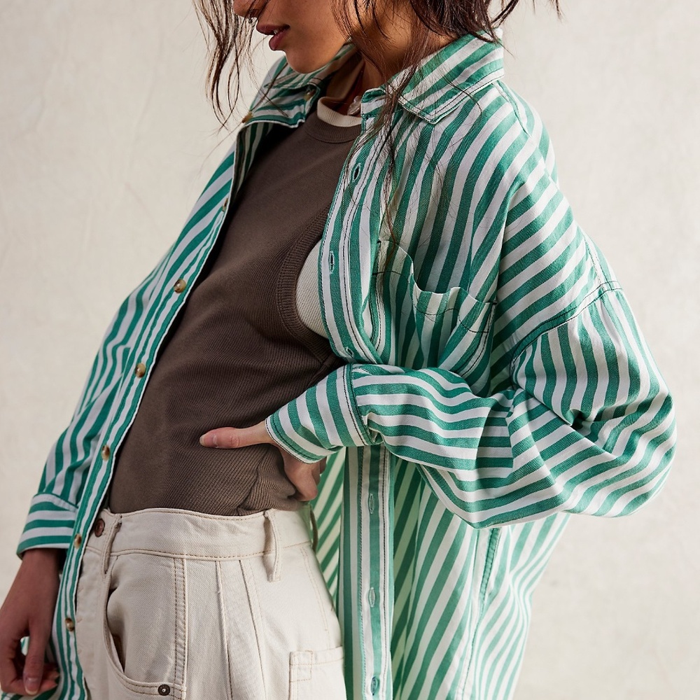 We The Free Freddie Striped Shirt- XS in French Green Combo